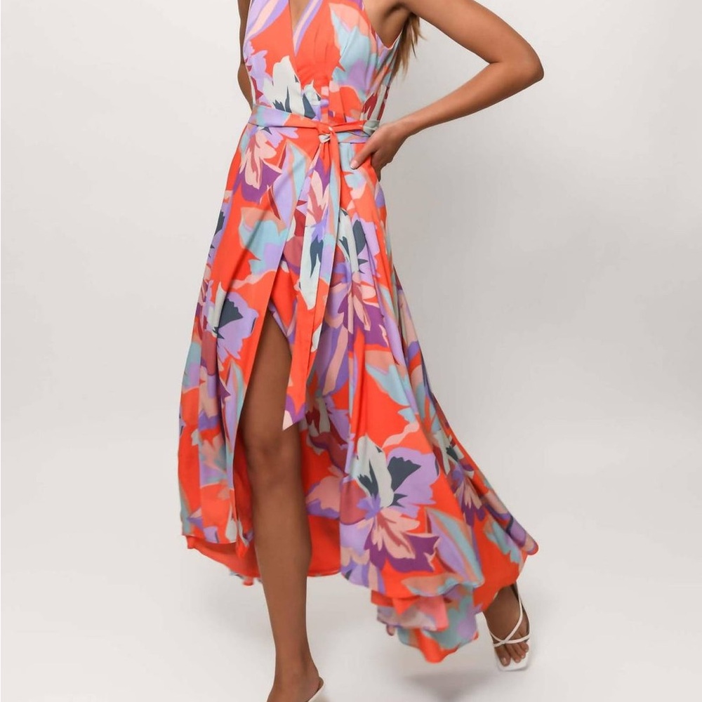 Hutch Coral Multi Floral High-Low Maxi Dress with Self Tie